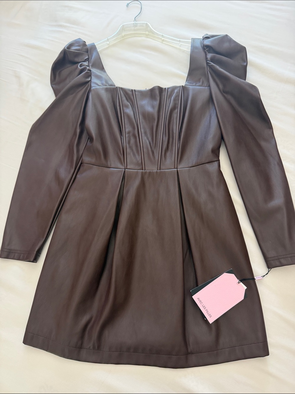 Avec Les Filles Brown Faux Leather Puff-Sleeve Mini Dress